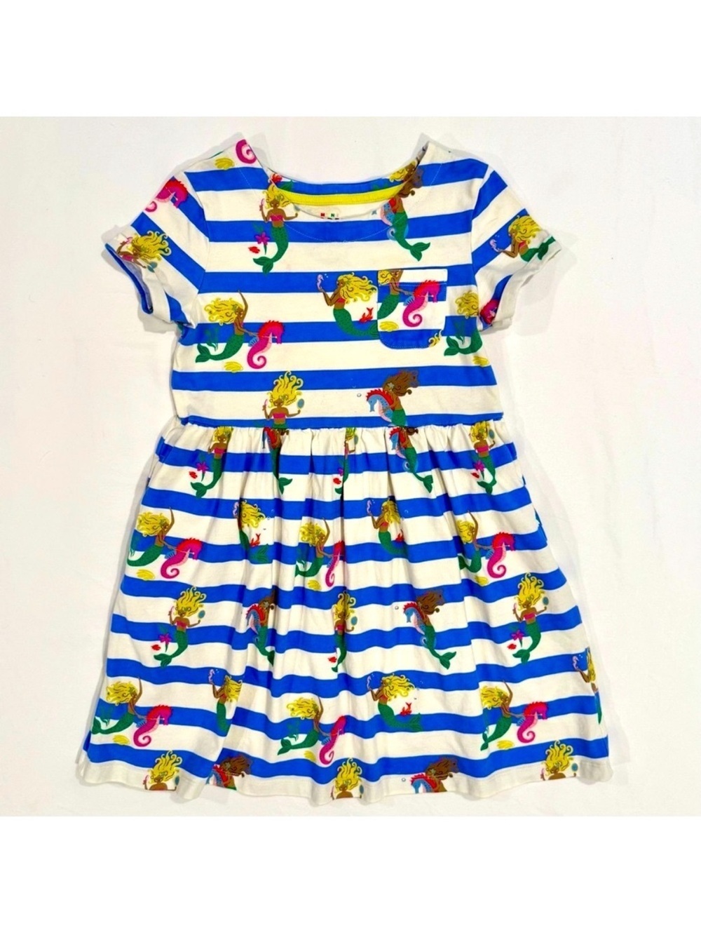 Mini Boden Fun Jersey Dress Girls 8-9 Y Short Sleeved Surf Blue Mermaids Stripe